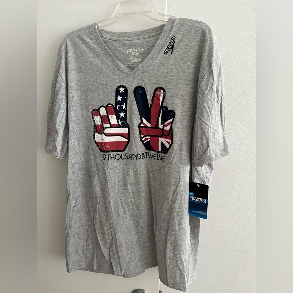 With Tags. Mens Grey Speedo T shirt XXL. Red White & Blue USA & UK Flags.